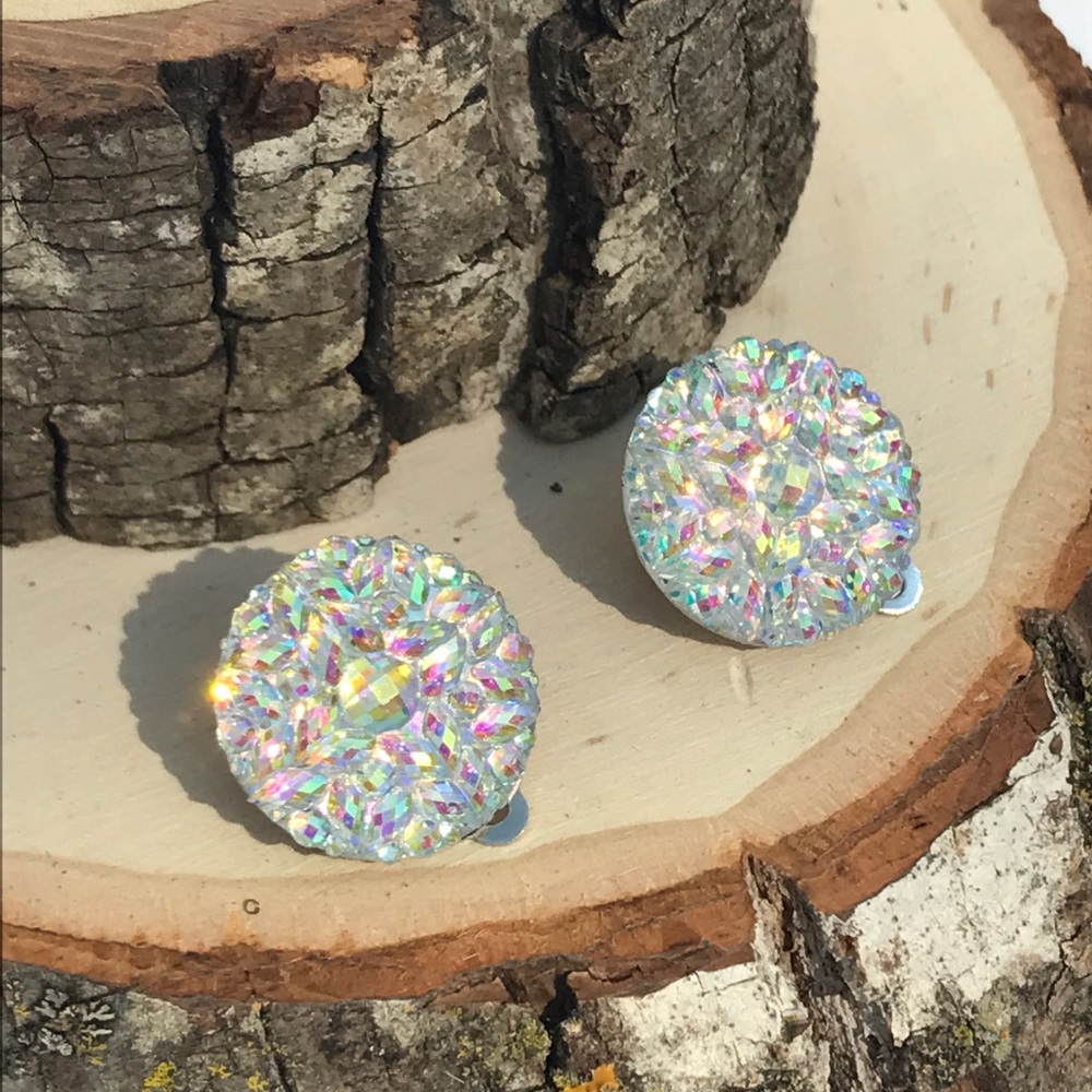 Iridescent Circle Stud Clip On Earrings - Picture 2 of 5
